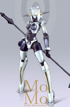 1girl absurdres blunt_bangs bob_cut breasts english_text full_body high_heels highres holding holding_polearm holding_weapon humanoid_robot mecha_musume medium_breasts medium_hair momo_(optune) nakakita_kouji no_humans optune original polearm robot robot_girl science_fiction second-party_source simple_background solo spear standing thighhighs weapon white_hair white_thighhighs wrist_cuffs yellow_eyes
