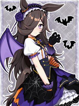 1girl animal_ears bat_(animal) bat_wings black_gloves blue_flower blue_rose blush bow brown_hair claw_pose closed_mouth commentary_request flipped_hair flower frilled_hairband frills gloves hair_over_one_eye hairband halloween halloween_costume highres horse_ears horse_girl horse_tail long_hair looking_at_viewer official_alternate_costume puffy_short_sleeves puffy_sleeves purple_eyes purple_flower purple_wings rice_shower_(umamusume) rice_shower_(vampire_makeover!)_(umamusume) rose shirt short_sleeves skirt solo tail umamusume vickie_(cryingrobot) white_shirt wings