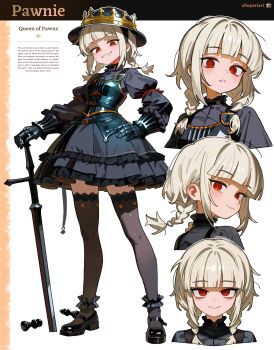 1girl absurdres black_dress black_hat black_shoes black_thighhighs blunt_bangs braid chess_piece closed_mouth commentary dress english_commentary full_body grey_hair grin hat hepari highres holding holding_sword holding_weapon lace lace-trimmed_thighhighs lace_trim long_hair long_sleeves looking_at_viewer mary_janes multiple_views original parted_lips red_eyes shoes sidelocks simple_background smile standing sword thighhighs twin_braids weapon white_background