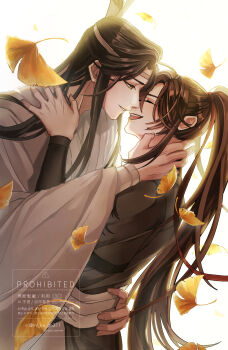 Rule 34 | 2boys, absurdres, ahoge, bishounen, black hair, black hanfu, brown hair, chinese clothes, closed eyes, commentary request, couple, falling leaves, from side, ginkgo leaf, grey sash, hair ribbon, hand on another's hip, hand on another's shoulder, hanfu, headband, high ponytail, highres, hug, imminent kiss, lan wangji, leaf, long hair, long sleeves, looking at another, male focus, mi ka ge311, modao zushi, multiple boys, open mouth, parted lips, ponytail, profile, red ribbon, ribbon, robe, sidelocks, simple background, smile, topknot, twitter username, upper body, watermark, wei wuxian, white background, white hanfu, white headband, wide sleeves, xiao guan (headdress), yaoi, yellow eyes