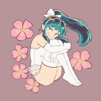 1girl aqua_hair ass bare_shoulders blue_eyeshadow bow breasts brown_background clip_studio_paint_(medium) closed_mouth elbow_gloves eyeshadow floating flower gloves hair_bow horns hugging_own_legs leotard light_blush looking_at_viewer lum makeup mamanooke medium_breasts orange_eyes pink_flower pointy_ears ponytail sidelocks smile solo thighhighs thighs urusei_yatsura white_bow white_gloves white_leotard white_thighhighs