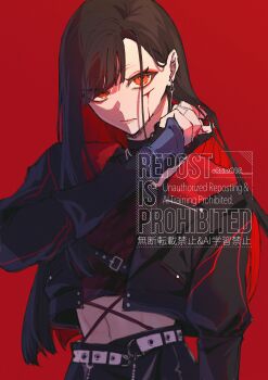 1girl abs absurdres arm_at_side belt black_hair black_jacket black_shirt black_skirt bleeding blood closed_mouth colored_inner_hair commentary cropped_jacket cropped_shirt cuts diagonal_bangs earrings gradient_clothes gradient_shirt hair_behind_ear hand_up highres injury jacket jewelry long_hair long_sidelocks long_sleeves looking_at_viewer midriff multicolored_hair nail_polish navel official_alternate_costume official_alternate_hairstyle orange_eyes project_sekai red_background red_hair red_nails red_shirt roise819 shiraishi_an shirt sidelighting sidelocks simple_background single_sidelock skirt solo straight_hair twitter_username two-tone_hair upper_body watermark whip_the_wimp_girl!!_(project_sekai) wiping_blood