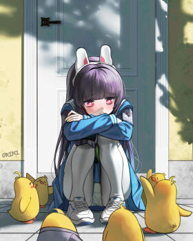 1girl absurdres animal_ears blue_archive blue_serafuku blue_shirt blue_skirt brown_hair fake_animal_ears highres loli long_hair miyu_(blue_archive) orini outdoors panties pantyhose pleated_skirt rabbit_ears red_eyes sailor_collar school_uniform serafuku shirt shoes skirt sneakers solo squatting underwear very_long_hair white_panties white_pantyhose