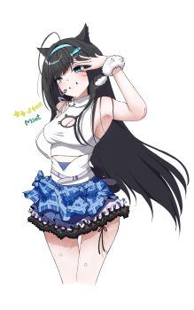 1girl absurdres ahoge arm_up black_hair blue_eyes blue_headband blunt_bangs blush breasts character_name cleavage_cutout clothing_cutout commentary cropped_legs fish_hair_ornament fishnet_pantyhose fishnets goddess_of_victory:_nikke grin hair_ornament head_tilt headband headset highres jewelry konpeki_no_sora_(artist) large_breasts looking_at_viewer mint_(nikke) mole mole_on_breast mole_under_eye multicolored_skirt multiple_moles pantyhose ring simple_background skirt smile solo standing white_background