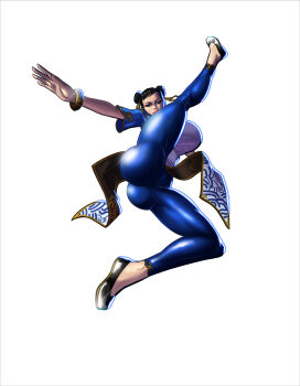 1girl absurdres ass black_shoes blue_pants bracelet breasts brown_eyes brown_hair capcom china_dress chinese_clothes chun-li dargoden double_bun dress from_below gold_bracelet hair_bun highres huge_breasts jewelry looking_at_another looking_at_viewer pants pelvic_curtain shoes short_sleeves simple_background solo street_fighter street_fighter_6 white_background