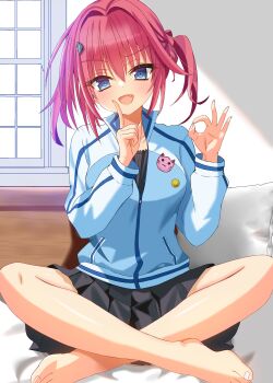 1girl :d absurdres backlighting barefoot black_skirt blue_eyes blue_jacket blush commentary_request day eyes_visible_through_hair fang feet full_body hair_between_eyes hair_intakes hair_ornament hanasaki_work_spring hands_up highres index_finger_raised indian_style indoors jacket long_sleeves looking_at_viewer medium_hair miniskirt ok_sign on_bed one_side_up open_mouth pleated_skirt red_hair sakuratoru shiny_skin sitting skirt smile smug solo soramori_wakaba straight-on toenails toes track_jacket window