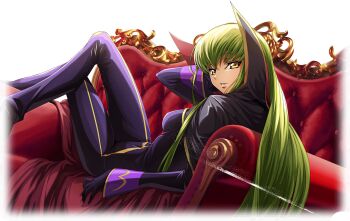 1girl arm_up artist_request black_cape black_gloves blue_bodysuit bodysuit border breasts c.c. cape code_geass code_geass:_lost_stories cosplay couch crossed_legs dutch_angle feet_out_of_frame female_focus from_behind game_cg gloves gold_trim green_hair hand_on_own_cheek hand_on_own_face high_collar highres long_hair long_sleeves looking_at_viewer looking_back lying medium_breasts non-web_source official_art on_back on_couch parted_lips sidelocks solo teeth transparent_background transparent_border two-sided_cape two-sided_fabric yellow_eyes zero_(code_geass) zero_(code_geass)_(cosplay)