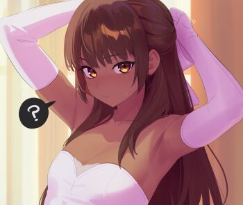 1girl ? absurdres anonds31 armpits arms_behind_head bare_shoulders blush brown_hair commentary dark-skinned_female dark_skin dress elbow_gloves english_commentary fate/strange_fake fate_(series) flat_chest gloves highres looking_at_viewer sidelocks solo spoken_question_mark strapless strapless_dress sweatdrop tine_chelc upper_body white_gloves yellow_eyes