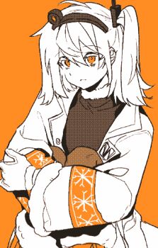 Rule 34 | 1girl, adachi rei, commentary request, expressionless, fur trim, headlamp, highres, hugging own legs, jacket, korean commentary, lapels, medium hair, orange background, orange eyes, orange theme, partially colored, pixelated, ponytail, radio antenna, rkdhs0916, shirt, side ponytail, sitting, snow print, solo, turtleneck, turtleneck shirt, utau