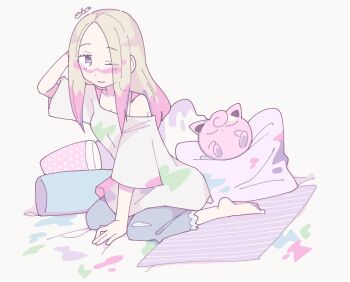 1girl barefoot blonde_hair closed_mouth denim dot_mouth facepaint full_body gen_1_pokemon grey_eyes highres jeans jigglypuff kneeling long_hair looking_at_viewer mina_(pokemon) nintendo oversized_clothes oversized_shirt paint_in_hair paint_on_clothes paint_stains pants pillow pokemon pokemon_(creature) pokemon_sm remoooon shirt short_sleeves simple_background sleeping white_background white_shirt