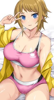 1girl arm_support bare_shoulders bed_sheet blue_eyes breasts brown_hair cleavage collarbone commentary_request cowboy_shot gundam gundam_build_fighters gundam_build_fighters_try highres hoshino_fumina jacket long_sleeves looking_at_viewer medium_breasts midriff navel nirowata off_shoulder parted_lips pink_sports_bra shadow short_hair sidelocks sitting solo sports_bikini sports_bra sweat v v_over_eye yellow_jacket