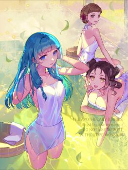 Rule 34 | 3girls, adjusting hair, bandaged arm, bandages, bare shoulders, bath, bathing, blue eyes, blunt bangs, breasts, brown eyes, brown hair, bucket, chinese clothes, cleavage, collarbone, dudou, falling leaves, flat chest, grey hair, hand in own hair, hanfu, highres, kusuriya no hitorigoto, large breasts, leaf, leaning forward, long hair, long sleeves, maomao (kusuriya no hitorigoto), multiple girls, orange sekaii, same-sex bathing, shared bathing, shisui (kusuriya no hitorigoto), sideboob, sitting, standing, thighs, towel, water, wet, wet clothes, wooden bucket, xiaolan (kusuriya no hitorigoto), yellow eyes