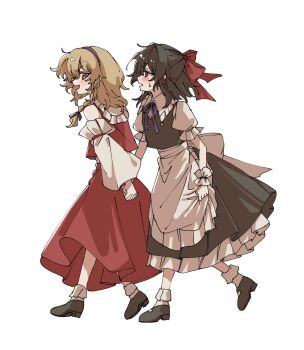 Rule 34 | 2girls, :d, apron, black eyes, black hair, black shoes, black skirt, black vest, blonde hair, blush, bow, braid, commentary request, cosplay, costume switch, detached sleeves, full body, hair bow, hairband, hakurei reimu, hakurei reimu (cosplay), highres, holding hands, hua88331, interlocked fingers, kirisame marisa, kirisame marisa (cosplay), long hair, long sleeves, multiple girls, neck ribbon, open mouth, puffy short sleeves, puffy sleeves, purple hairband, purple ribbon, red bow, red shirt, red skirt, ribbon, shirt, shoes, short sleeves, side braid, simple background, single braid, skirt, sleeveless, sleeveless shirt, smile, socks, touhou, vest, waist apron, white apron, white background, white shirt, white sleeves, white socks, wide sleeves, wrist cuffs, yellow eyes