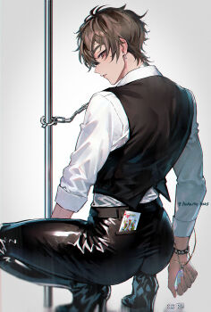 1boy alternate_costume antenna_hair ass black_boots black_pants black_vest boots bracelet brown_eyes brown_hair card card_in_pocket chain collared_shirt crystal_necklace cuffs dice earrings eiden_(nu_carnival) from_behind full_body grey_background handcuffs high_heels highres holding holding_jewelry holding_necklace jewelry king_(playing_card) long_sleeves looking_at_viewer looking_back male_focus necklace nu_carnival owner_bird pants paperclip_earrings parted_lips pendant playing_card pole profile shiny_clothes shirt short_hair simple_background solo squatting twitter_username unworn_jewelry unworn_necklace vest watch white_shirt wristwatch