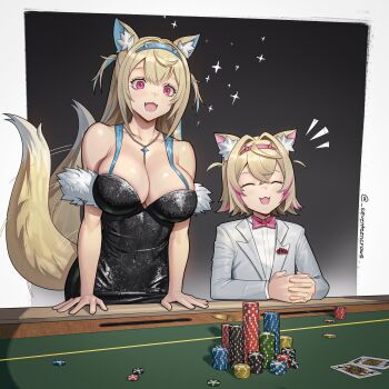 2girls absurdres alternate_costume animal_ear_fluff animal_ears bandaid bandaid_hair_ornament black_dress blonde_hair blue_hair breasts cleavage closed_eyes commentary dog_ears dog_girl dog_tail dress english_commentary fang fuwawa_abyssgard grey_jacket hair_ornament highres hololive hololive_english jacket large_breasts looking_at_viewer mococo_abyssgard multicolored_hair multiple_girls open_mouth pink_eyes pink_hair poker_chip poker_table seventeencrows shirt siblings sisters skin_fang small_breasts smile streaked_hair table tail twins two_side_up virtual_youtuber white_shirt x_hair_ornament