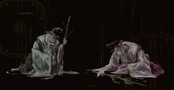 Rule 34 | 2girls, artist request, bamboo, black background, decaying skin, grey hair, hakama, hat, highres, holding bamboo shoot, horror (theme), japanese clothes, kariginu, long sleeves, medium hair, mononobe no futo, multiple girls, on floor, open mouth, ribbon-trimmed sleeves, ribbon trim, rotting, skeletal arm, skeletal hand, source request, tate eboshi, ten desires, touhou, translation request, undead, wide sleeves