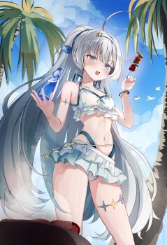 1girl absurdres ahoge bikini bird blue_eyes blue_sky blush bottle breasts cloud commentary day english_commentary food frilled_bikini frilled_shirt frills from_below grey_hair halterneck highres holding holding_bottle holding_skewer long_hair looking_at_viewer looking_down open_mouth outdoors palm_tree ponytail pota_ken shirt skewer sky small_breasts solo standing stella_sora swimsuit tree tyrant_(stella_sora) very_long_hair white_bikini