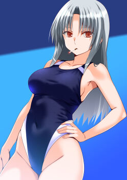 1girl black_one-piece_swimsuit cigarette commentary_request commission competition_swimsuit covered_navel cowboy_shot engo_(aquawatery) grey_hair hand_on_own_hip highleg highleg_one-piece_swimsuit highres long_hair mouth_hold one-piece_swimsuit original pixiv_commission red_eyes smoking solo swimsuit two-tone_swimsuit