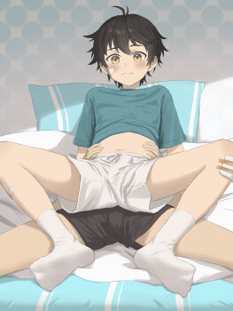 2boys absurdres bandaid bandaid_on_leg bishounen black_hair black_shorts blue_shirt closed_mouth clothes_lift clothes_pull commentary_request grabbing_from_behind hands_on_another&#039;s_stomach highres looking_at_viewer luye_yuan male_focus messy_hair multiple_boys on_bed original pillow reverse_upright_straddle sex sex_from_behind shirt shirt_lift shirt_pull short_hair shorts shota simple_background sitting sitting_on_lap sitting_on_person socks spread_legs white_shorts white_socks yaoi yellow_eyes