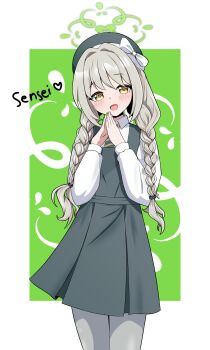 1girl absurdres aged_down alternate_breast_size_(smaller) blue_archive blush border braid collared_shirt diagonal-striped_clothes diagonal-striped_necktie dress flower_halo green_dress green_halo green_hat grey_hair grey_pantyhose halo hat highres katyusha.v long_hair looking_at_viewer low_twin_braids miyo_(blue_archive) miyo_(young)_(blue_archive) necktie open_mouth pantyhose pinafore_dress prototype_design shirt sleeve_cuffs sleeveless sleeveless_dress smile solo striped_clothes striped_necktie twin_braids white_border white_shirt yellow_eyes