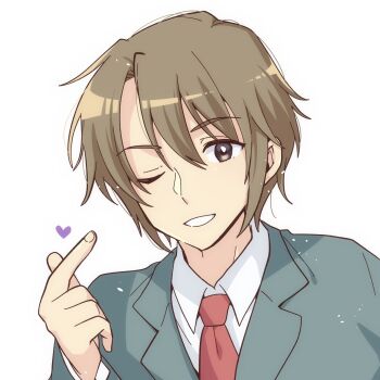 Rule 34 | 1boy, ;), blazer, collared shirt, commentary request, green jacket, grin, hair between eyes, heart, highres, jacket, kita high school uniform, koizumi itsuki, long sleeves, male focus, necktie, one eye closed, red necktie, school uniform, shirt, simple background, smile, solo, suzumiya haruhi no yuuutsu, taiki (6240taiki), white background, white shirt, winter uniform