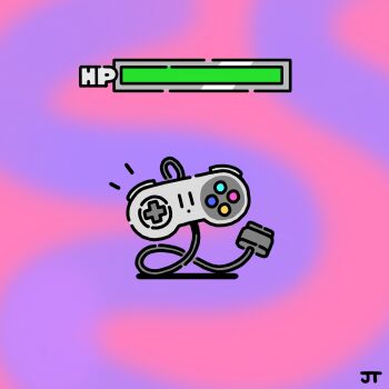animate_object commentary controller english_commentary full_body game_controller gamepad health_bar highres james_turner looking_at_viewer nintendo no_humans notice_lines pink_background purple_background signature solo super_famicom_gamepad two-tone_background