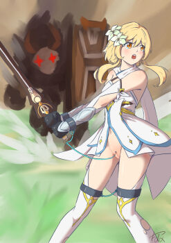 1girl bdsm blonde_hair blur_censor blush bondage bottomless bound breasts brown_eyes censored clitoris clitoris_piercing cuffs fighting flower genshin_impact hair_flower hair_ornament hobble linked_piercing lumine_(genshin_impact) monster piercing pussy pussy_piercing small_breasts solo sword tears thighhighs torn_clothes torn_thighhighs user_ezuu4527 weapon