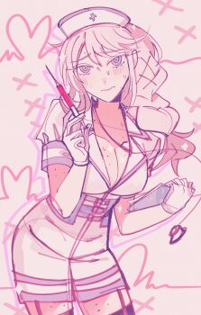 Rule 34 | 1girl, absurdres, black thighhighs, blush, breasts, cleavage, cosplay, garter straps, hat, highres, holding, holding syringe, large breasts, looking at viewer, nozomi (blue archive), nurse, nurse cap, purple eyes, short sleeves, solo, stethoscope, super sonico, super sonico (cosplay), syringe, takueitaku, the hundred line -last defense academy-, thighhighs