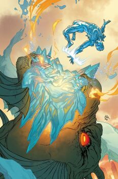 1boy breath_weapon breathing_fire colored_sclera comic_cover commentary cryokinesis dragon english_commentary fighting fin_fang_foom fins fire green_scales head_fins ice_hair iceman_(x-men) male_focus marvel matt_wilson monster muscular muscular_male official_art open_mouth orange_sclera orange_sky outdoors red_eyes russell_dauterman sharp_teeth size_difference sky teeth water x-men