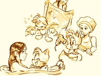1boy 1girl barefoot bath bathing bathtub child chuelectrico20 cub fang feet fox hair_bun hairbrush highres long_hair multiple_tails sega shirt shota sitting smile sonic_(series) tail tails_(sonic) toes towel two_tails wet