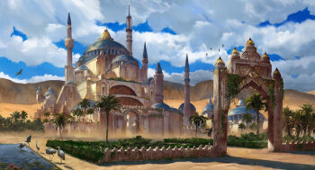 arch bird blue_sky cloud crane_(animal) desert flaviobolla garden landscape middle_eastern_architecture mosque mountainous_horizon no_humans original painterly palm_tree pond scenery sky tower tree
