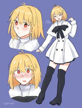 Rule 34 | 1girl, :o, ahoge, arcueid brunestud, arm at side, arm up, black boots, black bow, blonde hair, blush, boots, bow, buttons, capelet, dress, dress bow, english text, flustered, frills, full body, hair intakes, hashtag-only commentary, highres, jewelry, looking at viewer, necklace, official alternate costume, purple background, red eyes, short hair, sidelocks, smile, solo, sweater, thigh boots, thighhighs, tsukihime, tsukihime (remake), turtleneck, turtleneck sweater, white capelet, white dress, white sweater, yorupei, zettai ryouiki