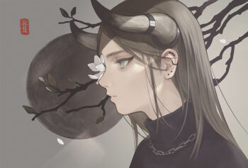 Rule 34 | 1girl, branch, brown hair, brown horns, chain, chain necklace, chinese zodiac, closed mouth, cow horns, duplicate, ear piercing, earrings, flower, flower over eye, green eyes, horn ornament, horn ring, horns, jewelry, leaf, light particles, light rays, long hair, mgg (x arte), necklace, original, painterly, petals, piercing, pixel-perfect duplicate, silhouette, solo, turtleneck, upper body, white flower, year of the ox