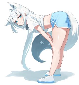 1girl absurdres ahoge alternate_costume animal_ear_fluff animal_ears bent_over blue_shorts deaver dolphin_shorts fox_ears fox_girl fox_tail highres hololive midriff pentagram shirakami_fubuki shirt shoes shorts tail thighs virtual_youtuber white_hair white_shirt white_shoes