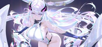 1girl azur_lane bare_shoulders breasts highleg highleg_leotard highres kearsarge_(azur_lane) large_breasts leotard long_hair looking_at_viewer official_artist_extra purple_eyes sideboob sideless_leotard smile solo very_long_hair white_hair white_leotard yd_(orange_maru)