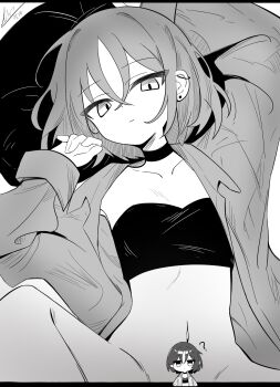 1girl ? bandeau barbell_piercing bikini bikini_under_clothes black_bandeau black_bikini black_choker blue_archive bottomless breasts brown_hair chibi chibi_inset choker cleavage collarbone commentary convenient_censoring covering_crotch covering_privates dated ear_piercing from_above greyscale highres industrial_piercing limpiderm lying medium_breasts misaki_(blue_archive) misaki_(swimsuit)_(blue_archive) monochrome navel official_alternate_costume on_back open_clothes piercing pinstripe_pattern pinstripe_shirt red_eyes serious shirt short_hair signature simple_background solo spread_legs stomach striped_clothes striped_shirt swimsuit upper_body vertical-striped_clothes vertical-striped_shirt