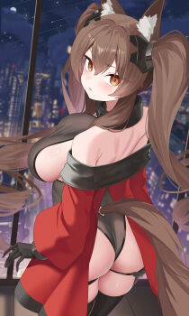 1girl absurdres alternate_breast_size_(larger) angelina_(arknights) animal_ear_fluff animal_ears arknights arknights:_endfield ass back backless_leotard bare_shoulders black_gloves black_leotard black_thighhighs breasts brown_hair chinese_commentary city clothing_cutout coat commentary_request dot_nose double-parted_bangs fox_ears fox_girl fox_tail from_behind full_moon gilberta_(arknights) gloves hair_between_eyes hands_on_own_ass headgear high_collar highleg highleg_leotard highres impossible_clothes impossible_leotard indoors kareya_(jixo95821699) large_breasts leotard long_hair looking_at_viewer looking_back moon night off_shoulder open_clothes open_coat orange_eyes red_coat sideboob skindentation solo star_trail tail tail_through_clothes thighhighs twintails