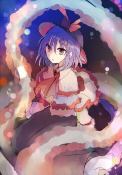 1girl ascot black_hat black_skirt bow brown_eyes capelet commentary_request frilled_shawl frills hagoromo hat hat_bow kazu_(muchuukai) long_sleeves medium_hair nagae_iku one-hour_drawing_challenge open_mouth pink_capelet pink_shirt purple_hair red_ascot red_bow shawl shirt skirt solo touhou