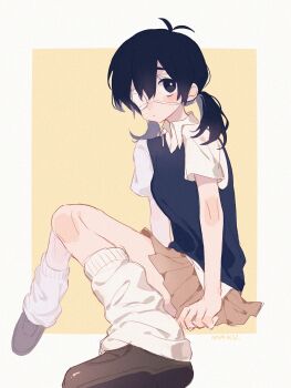 1girl antenna_hair black_eyes black_hair black_sweater_vest breasts bright_pupils brown_shoes closed_mouth collared_shirt dark_skin double-parted_bangs eyepatch genderswap genderswap_(mtf) hair_between_eyes highres leg_warmers loafers looking_at_viewer low_twintails makucrp medium_hair omori pleated_skirt shirt shoes short_hair short_sleeves short_twintails sitting skirt small_breasts solo sunny_(omori) sweater_vest twintails white_leg_warmers white_pupils white_shirt