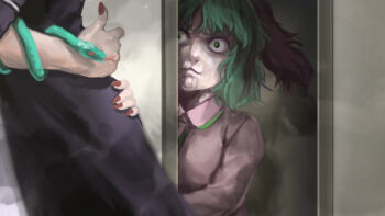 3girls animal_ears closed_mouth collared_shirt commentary_request constricted_pupils dog_ears dog_girl floppy_ears frown green_eyes green_hair highres hijiri_byakuren houjuu_nue implied_yuri kasodani_kyouko kawahagi_modoki multiple_girls one-hour_drawing_challenge peeking_out pink_shirt red_nails shirt short_hair snake touhou upper_body yuri