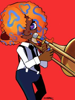Rule 34 | 105custom, 1girl, black necktie, black pants, black suspenders, cephalopod eyes, collared shirt, dark-skinned female, dark skin, feet out of frame, hair over one eye, holding, holding instrument, holding trombone, instrument, looking at viewer, necktie, nintendo, pants, patterned hair, purple eyes, red background, shirt, simple background, smile, solo, splatoon (series), splatoon 3, suspenders, tao blu, tentacle hair, trombone, white shirt