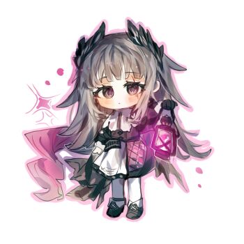 1girl arknights blush chibi chibi_only closed_mouth commentary dress english_commentary expressionless full_body grey_eyes grey_hair highres holding holding_lantern irene_(arknights) lantern long_hair long_sleeves looking_at_viewer no_nose outline pantyhose pink_outline purple_pupils scar scar_across_eye scar_on_face simple_background sketch solo standing transparent_background white_dress white_pantyhose zhanghuaimin05516