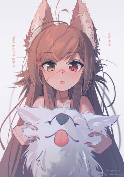1girl animal animal_ear_fluff animal_ears blush brown_hair commentary_request cowboy_shot heterochromia highres holding holding_animal long_hair looking_at_animal messy_hair mimi_mimimi nude open_mouth original scar scar_on_neck sidelocks signature solo straight-on timestamp tongue white_background wolf wolf_ears wolf_girl