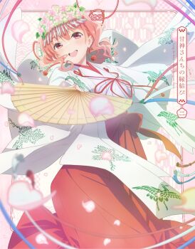 1girl amagami-san_chi_no_enmusubi amagami_yuna blu-ray_cover blue_ribbon blurry blurry_foreground blush border chihaya_(clothing) commentary_request copyright_name cover crane_print dancing falling_petals hair_between_eyes hair_ornament hair_ribbon hakama hakama_skirt hand_fan holding holding_fan japanese_clothes kanzashi kosode long_hair looking_at_viewer miko official_art open_mouth outside_border petals pink_border pink_petals red_eyes red_hair red_hakama red_rope ribbon rope skirt smile solo tassel teeth tress_ribbon upper_teeth_only white_ribbon
