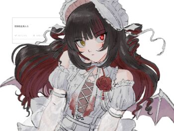 Rule 34 | 1girl, bad id, bad twitter id, black hair, bonnet, colored inner hair, demon wings, detached sleeves, dress, flower, gothic lolita, heterochromia, highres, idolmaster, idolmaster shiny colors, ikaruga luca, jiro 26, lolita fashion, long hair, looking at viewer, multicolored hair, neck ribbon, odaibako, red eyes, red flower, red hair, red rose, request inset, ribbon, ringlets, rose, simple background, solo, streaked hair, translation request, two side up, upper body, white background, white bonnet, white dress, white ribbon, wings, yellow eyes