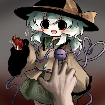 1girl black_eyes black_hat blood blood_on_hands bow buttons diamond_button frilled_shirt_collar frills green_hair green_skirt hand_up hat hat_bow heart heart_(organ) heart_of_string heripantomorrow holding_heart_(organ) holding_organ komeiji_koishi organs pov pov_hands shirt skirt smile third_eye touhou translated yellow_shirt