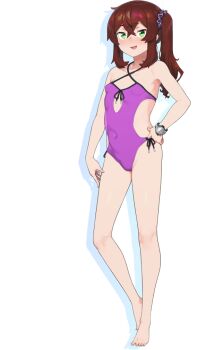 Rule 34 | 1girl, brown hair, casual one-piece swimsuit, covered navel, flat chest, full body, green eyes, hans.b, long hair, maitoko yuri, one-piece swimsuit, open mouth, purple one-piece swimsuit, smile, solo, swimsuit, tachi-e, teikan no eve bethel, transparent background