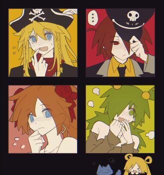 >_< ... 2boys 3girls :d animal anna_(epic_battle_fantasy) anonymous1203 bare_shoulders black_border black_hat black_necktie blonde_hair blue_eyes blue_fur border brown_shirt brown_sleeves cat earrings embarrassed epic_battle_fantasy everyone flower flustered green_background green_eyes hair_flower hair_ornament hair_over_one_eye hat hat_ornament hat_tip highres hikari_(epic_battle_fantasy) jewelry lance_(epic_battle_fantasy) long_hair matt_(epic_battle_fantasy) multiple_boys multiple_girls multiple_views neckerchief necklace necktie nervous_sweating nolegs_(epic_battle_fantasy) open_mouth orange_background pirate_hat portrait quad_tails red_background red_eyes red_flower red_hair red_neckerchief red_rose rose shirt short_hair skull_hat_ornament smile sweat sweatdrop yellow_background yellow_shirt