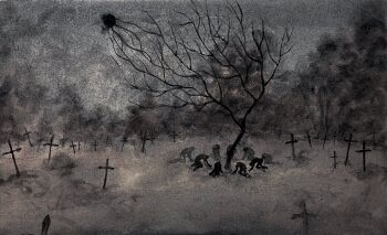 absurdres all_fours bare_tree cloud cloudy_sky commentary dark_cloud graveyard grey_sky highres original painterly people revol4357 sky surreal tombstone tree wide_shot