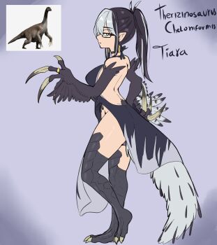 1girl a.c._hunter absurdres backless_dress backless_outfit bare_shoulders bird_legs black-framed_eyewear black_dress black_feathers black_hair character_name claws commentary dinosaur_girl dinosaur_tail dress earrings english_commentary feathered_dinosaur feathered_wings feathers floating_earrings full_body glasses harpy highres jewelry long_hair monster_girl multicolored_hair original pointy_ears rectangular_eyewear reference_inset ring semi-rimless_eyewear side_slit sleeveless sleeveless_dress solo tail talons thighs two-tone_hair white_feathers white_hair winged_arms wings yellow_eyes